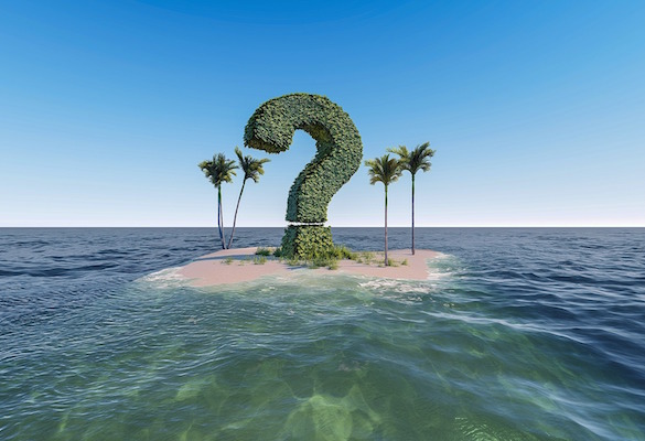 a question mark on a tiny desert island